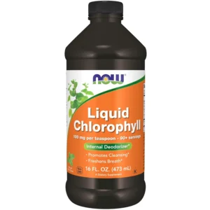 Bottle of Now Foods liquid chlorophyll supplement with mint flavor for internal deodorizing, breath freshening, cleansing and energy boost, with over 90 servings.