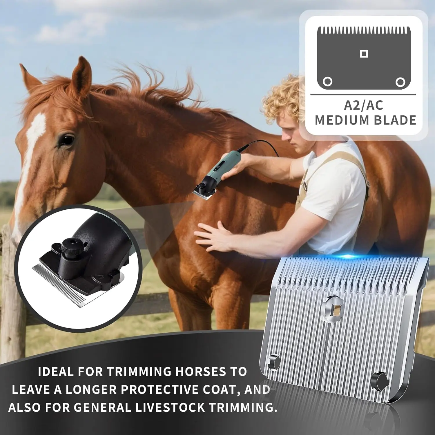 A medium A2/AC replacement blade compatible with Lister Star, Legend, Liberty, and Fusion animal clippers, made of stainless steel with a 3/32 inch cut length for horses, alpacas, cattle, and other livestock.