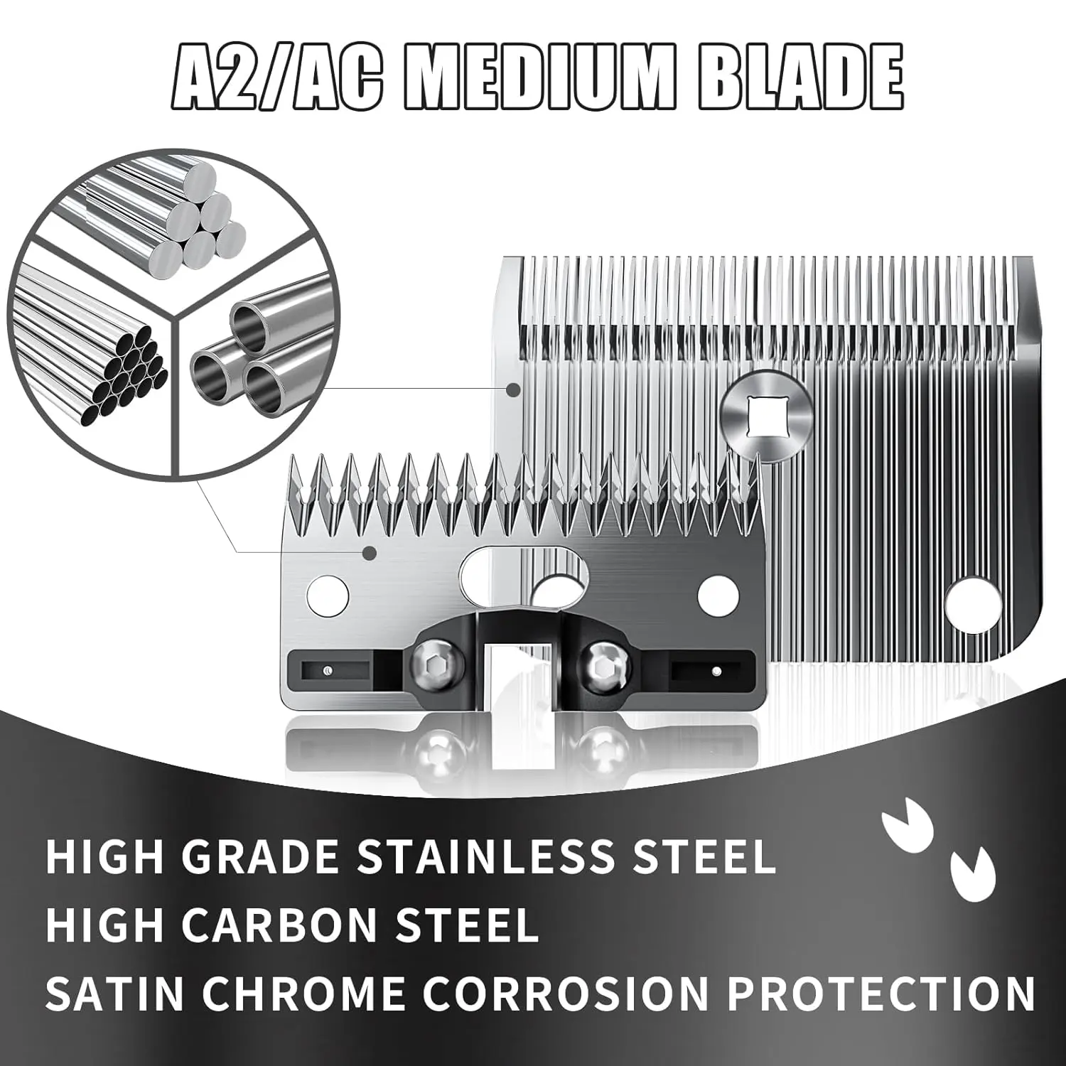 A medium A2/AC replacement blade compatible with Lister Star, Legend, Liberty, and Fusion animal clippers, made of stainless steel with a 3/32 inch cut length for horses, alpacas, cattle, and other livestock.