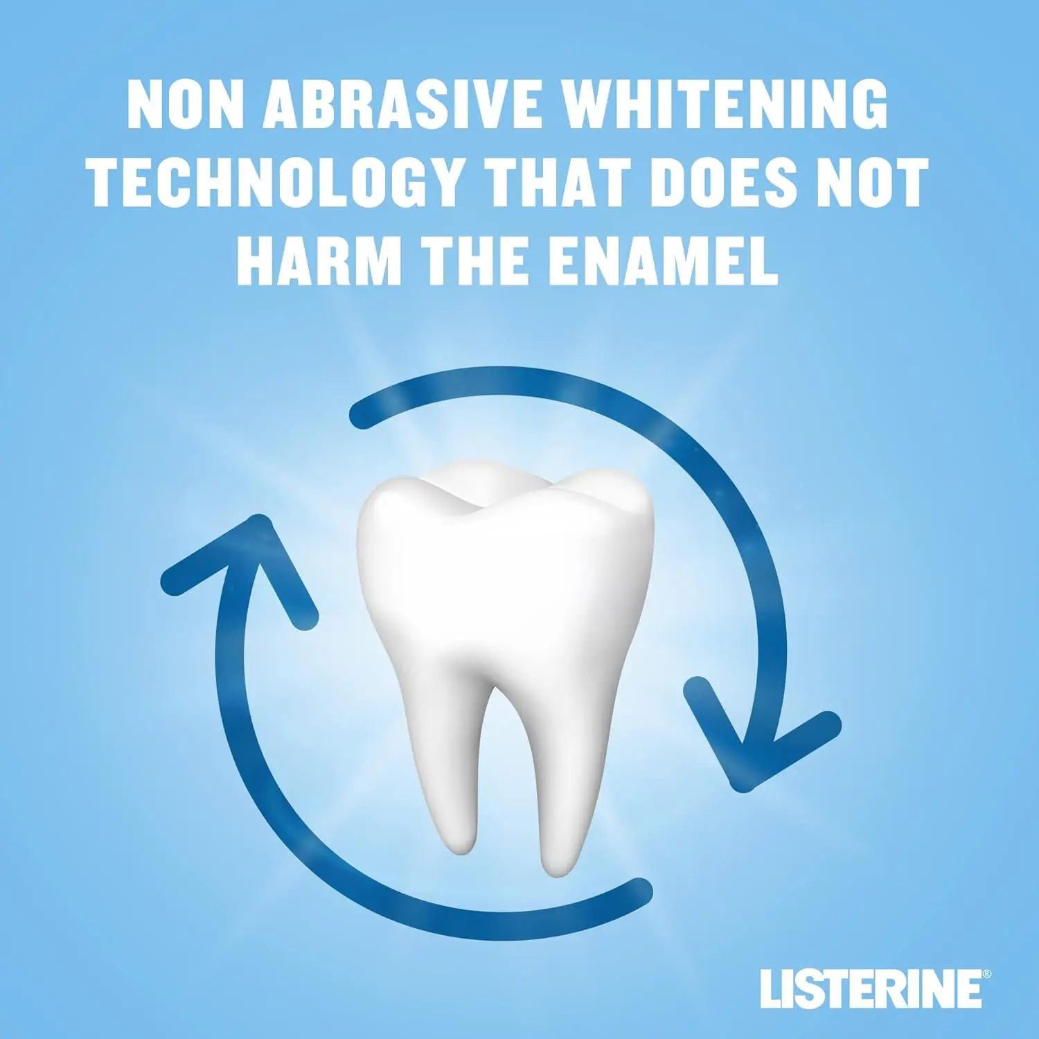 Listerine Advanced White mouthwash whitens teeth in one week, protects from new stains, strengthens enamel, and kills bad breath germs, all with a milder spearmint taste and recyclable bottle.