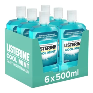 Six bottles of Listerine Cool Mint mouthwash provide a cleaner, fresher mouth by killing 99% of bad breath and plaque-causing germs after brushing.