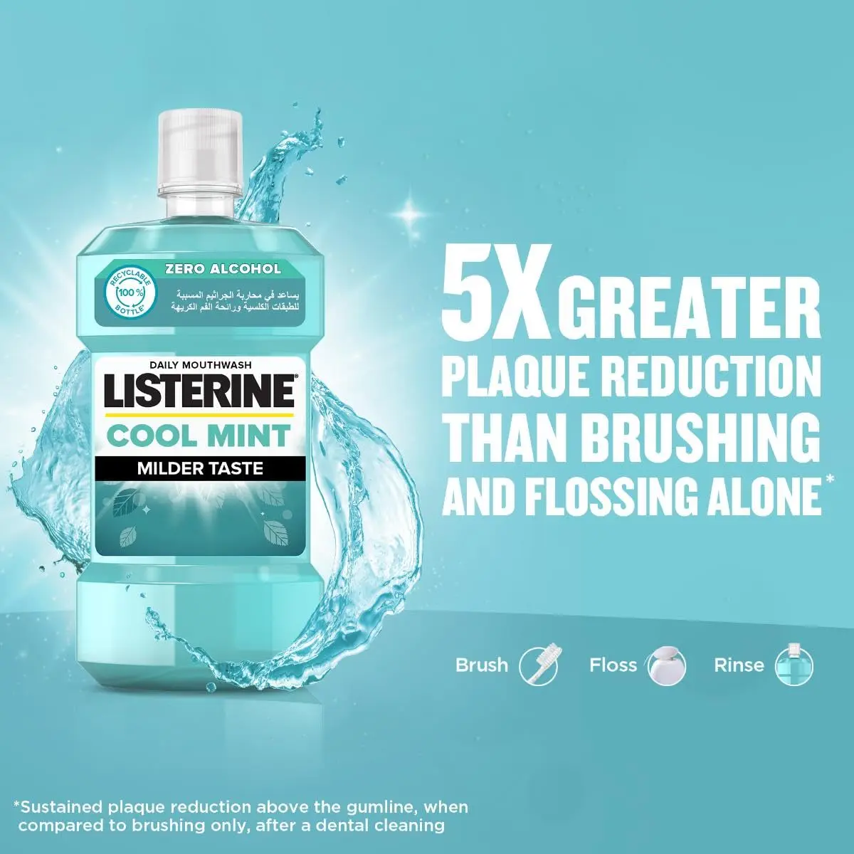 Listerine Cool Mint mouthwash kills 99% of germs that cause bad breath and plaque, promoting healthy gums and fresh breath.