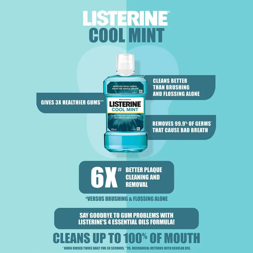 Listerine Cool Mint mouthwash provides 24-hour protection against plaque and bad breath, leaving you with a lasting fresh breath confidence and a healthier mouth.