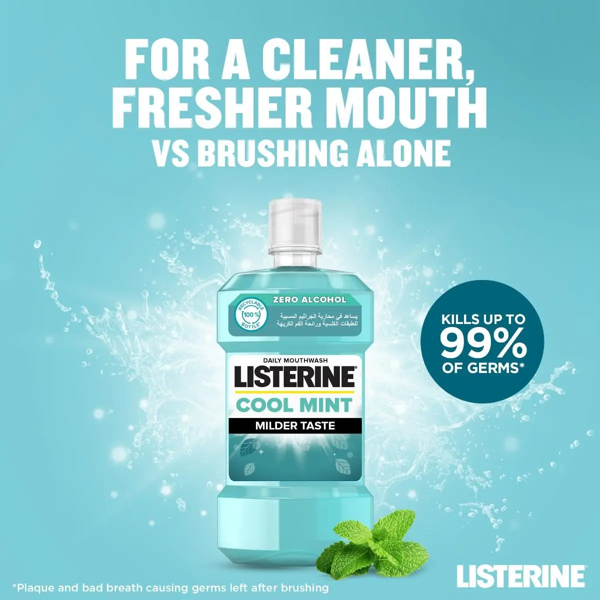 Listerine Cool Mint mouthwash kills 99% of germs that cause bad breath and plaque, promoting healthy gums and fresh breath.