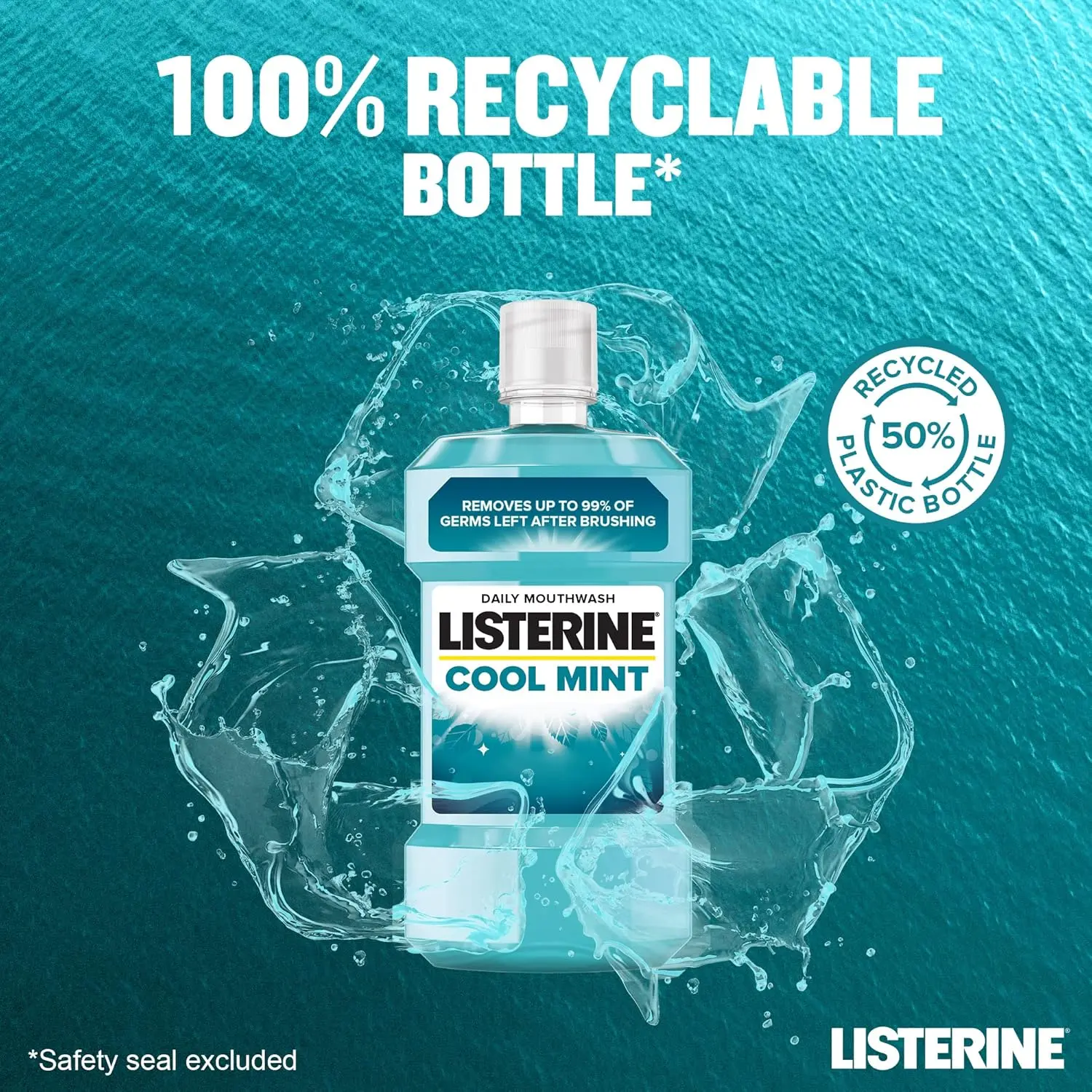 Six bottles of Listerine Cool Mint mouthwash provide a cleaner, fresher mouth by killing 99% of bad breath and plaque-causing germs after brushing.