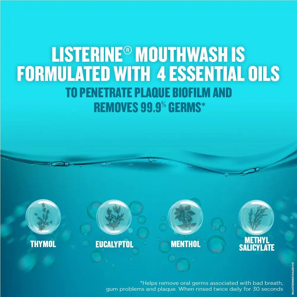 Listerine Cool Mint mouthwash provides 24-hour protection against plaque and bad breath, leaving you with a lasting fresh breath confidence and a healthier mouth.