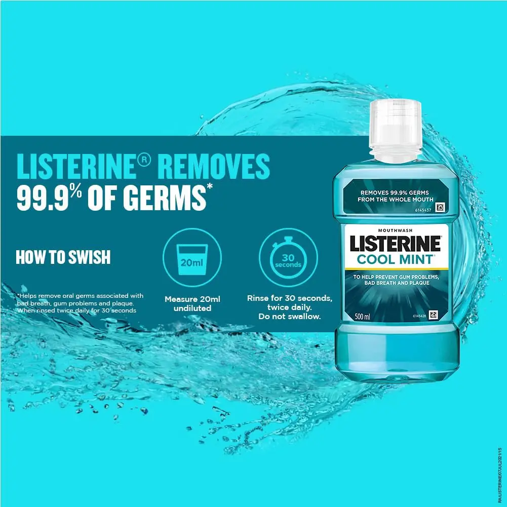 Listerine Cool Mint mouthwash provides 24-hour protection against plaque and bad breath, leaving you with a lasting fresh breath confidence and a healthier mouth.