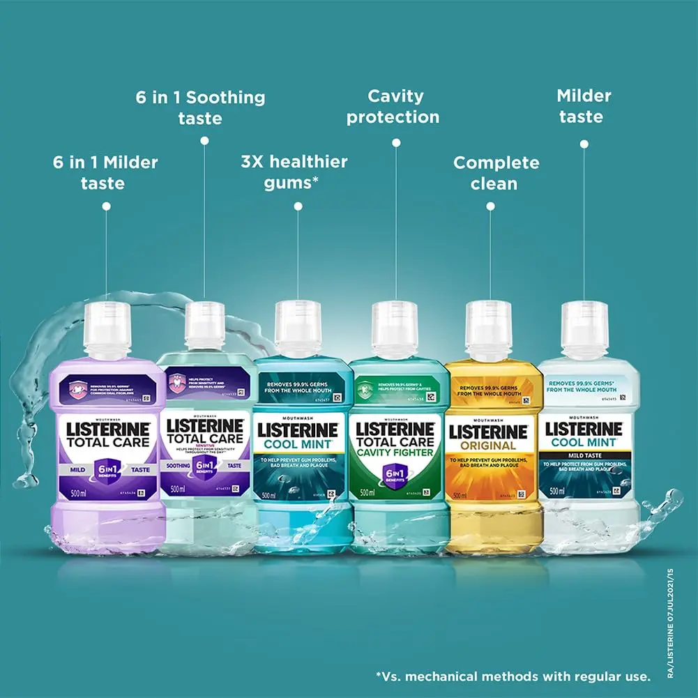 Listerine Cool Mint mouthwash provides 24-hour protection against plaque and bad breath, leaving you with a lasting fresh breath confidence and a healthier mouth.