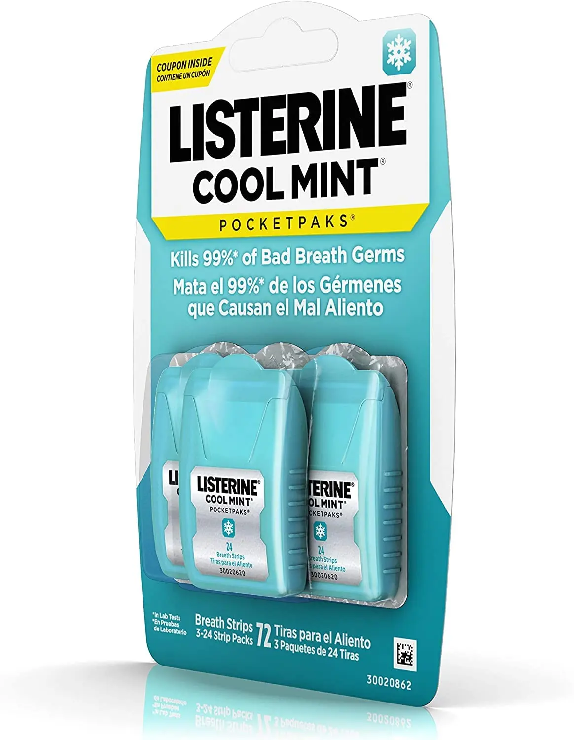 A package of Listerine Cool Mint Pocketpaks breath strips, a refreshing mouthwash alternative by Listerine, offering 288 strips for fresh breath.