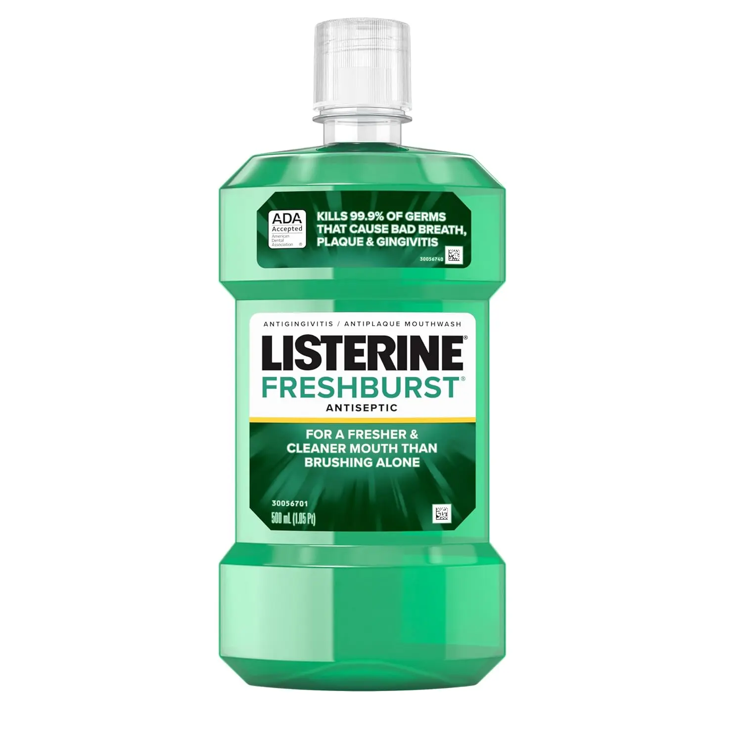 Bottle of Listerine Fresh Burst spearmint mouthwash, an antiseptic oral rinse that kills 99.9% of germs causing bad breath, plaque, and gingivitis.