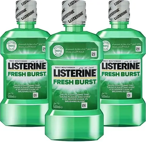 Listerine Fresh Burst mouthwash helps prevent plaque, fight bacteria, reduce gum disease risk, and freshens breath.