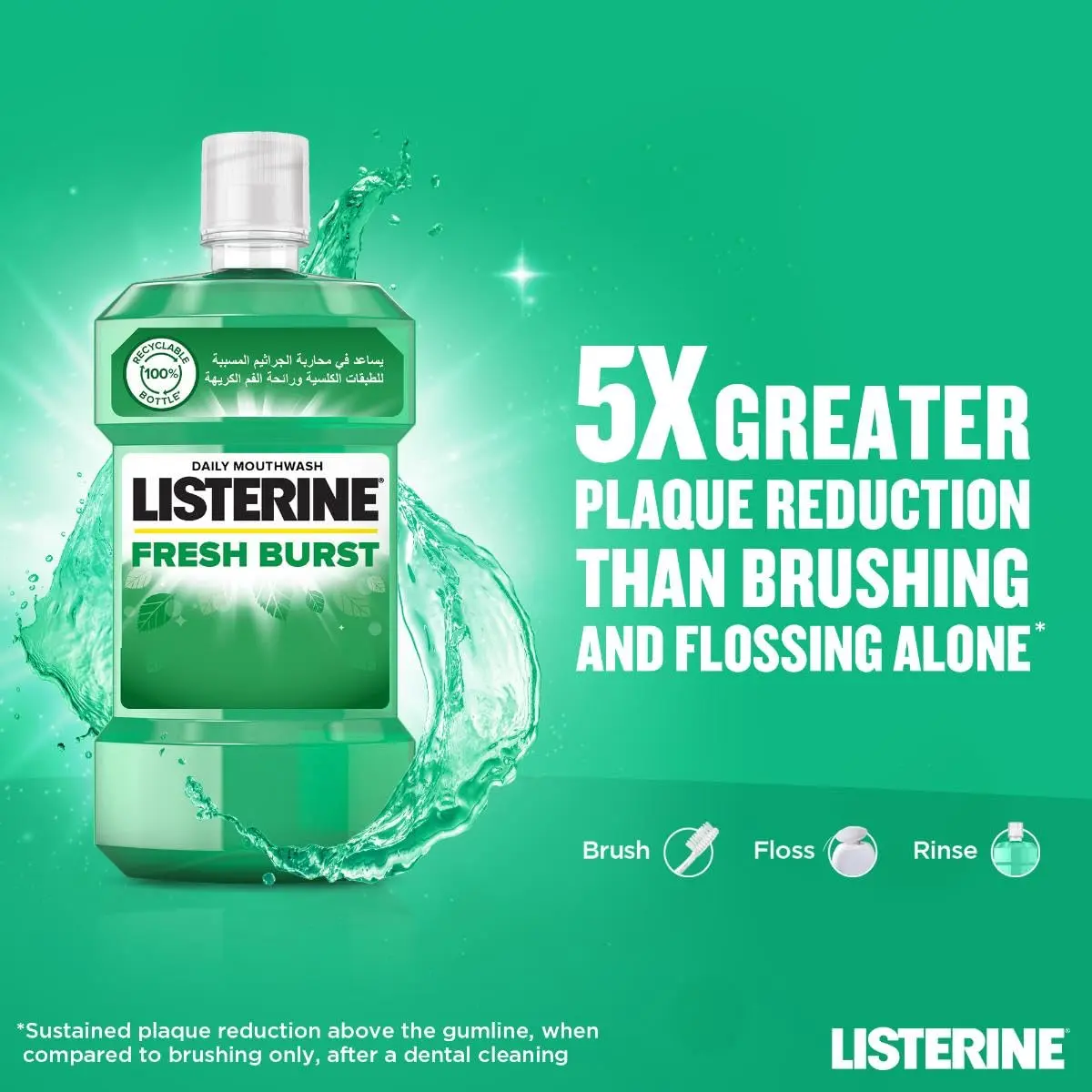 A bottle of Listerine Fresh Burst mouthwash kills 99% of bad breath germs, reduces plaque, protects gums, and freshens breath with a deeper clean.