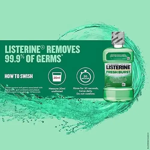Listerine Fresh Burst mouthwash helps prevent plaque, fight bacteria, reduce gum disease risk, and freshens breath.