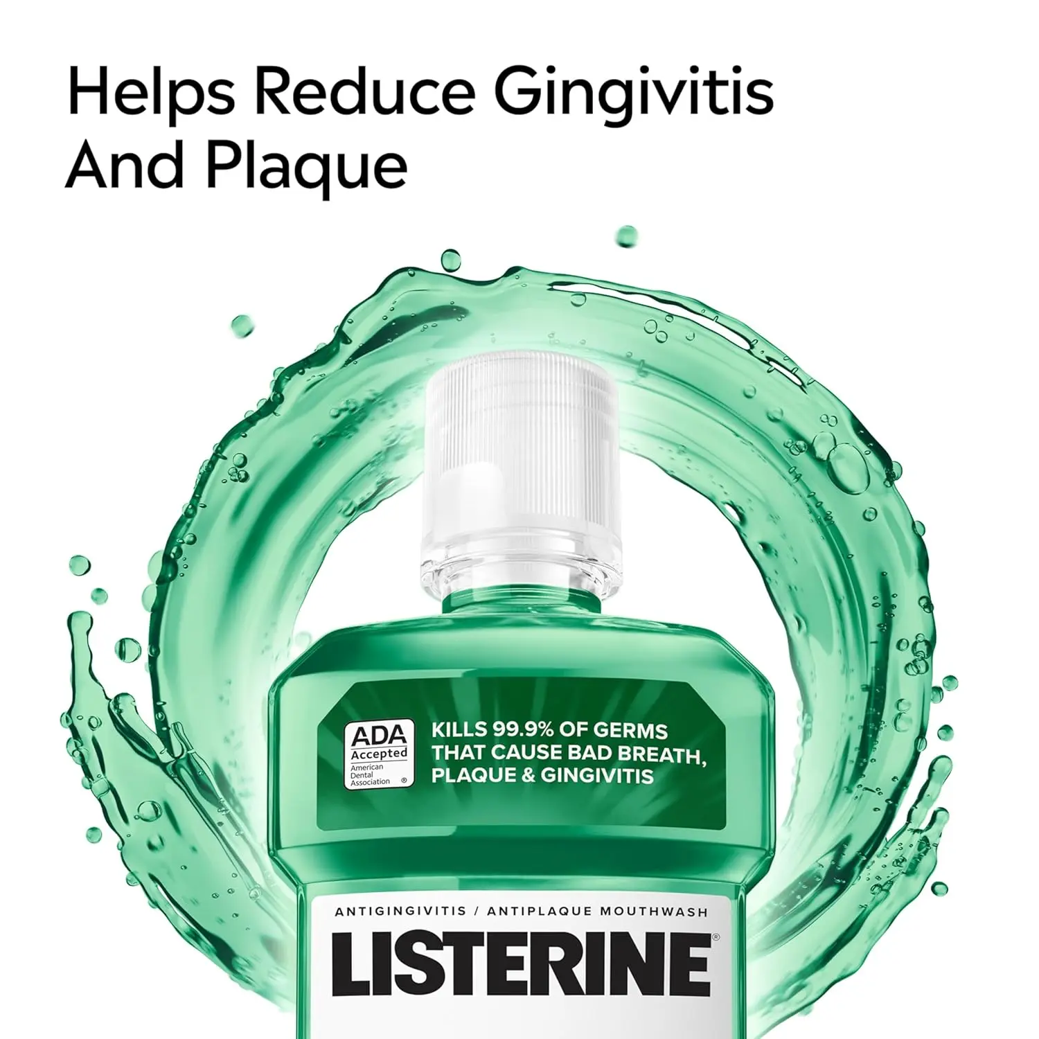 Bottle of Listerine Fresh Burst spearmint mouthwash, an antiseptic oral rinse that kills 99.9% of germs causing bad breath, plaque, and gingivitis.