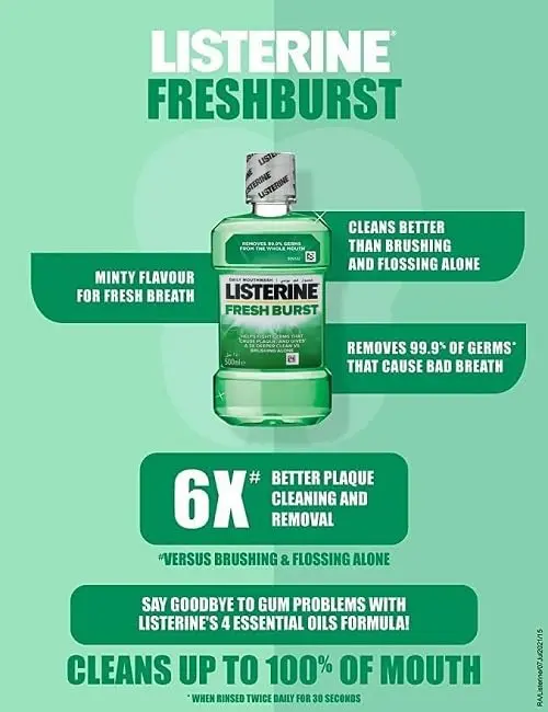 Listerine Fresh Burst mouthwash helps prevent plaque, fight bacteria, reduce gum disease risk, and freshens breath.
