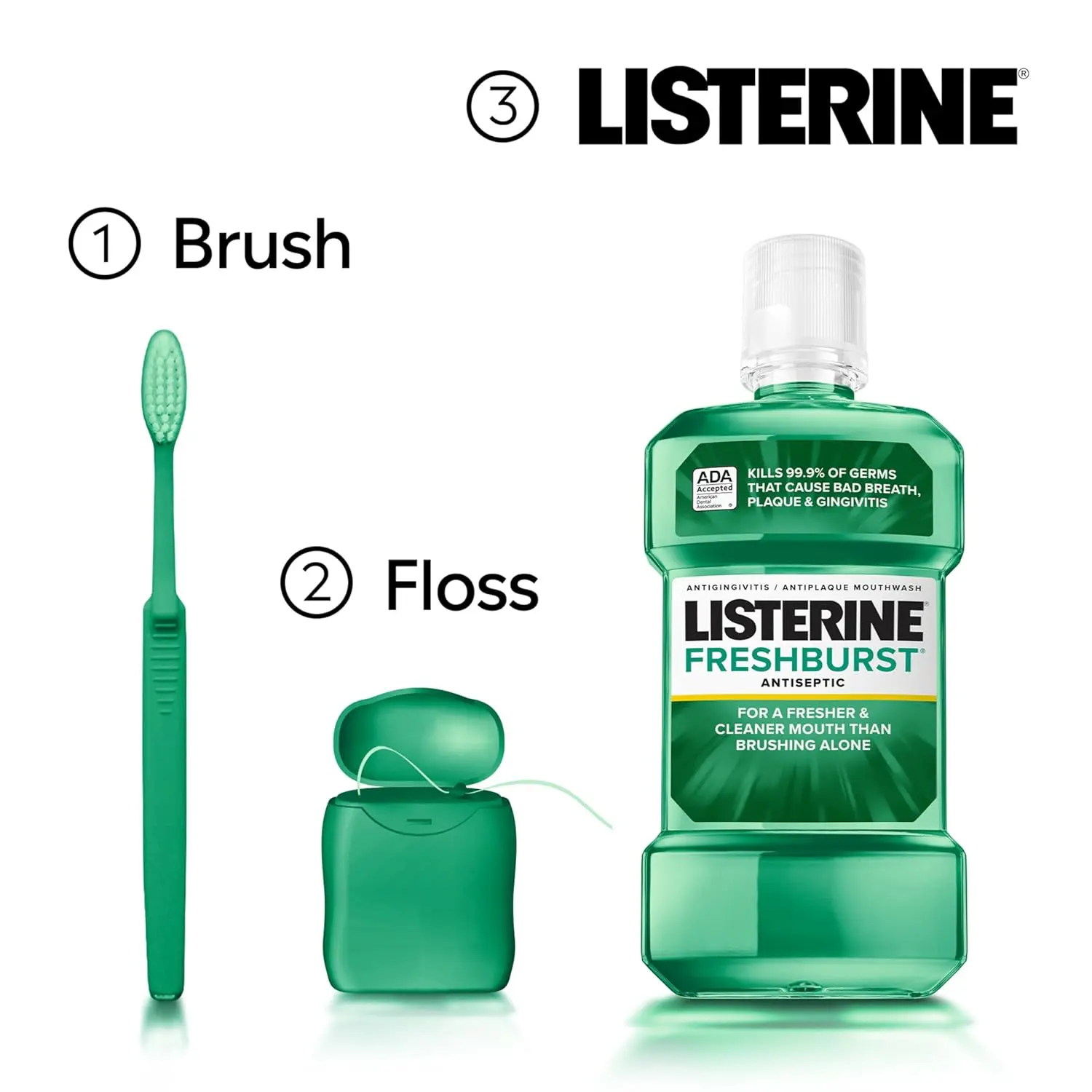 Bottle of Listerine Fresh Burst spearmint mouthwash, an antiseptic oral rinse that kills 99.9% of germs causing bad breath, plaque, and gingivitis.