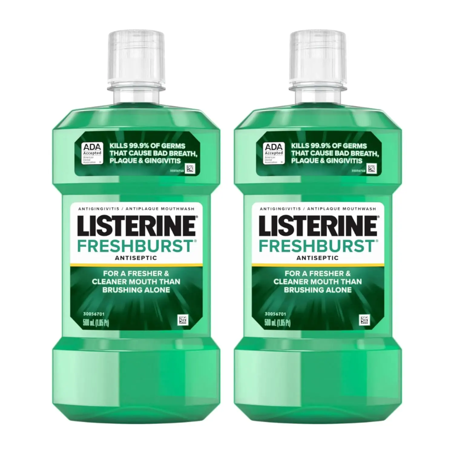 Two bottles of Listerine Freshburst antiseptic mouthwash, in spearmint flavor, that kills germs to fight bad breath, plaque, and gingivitis.