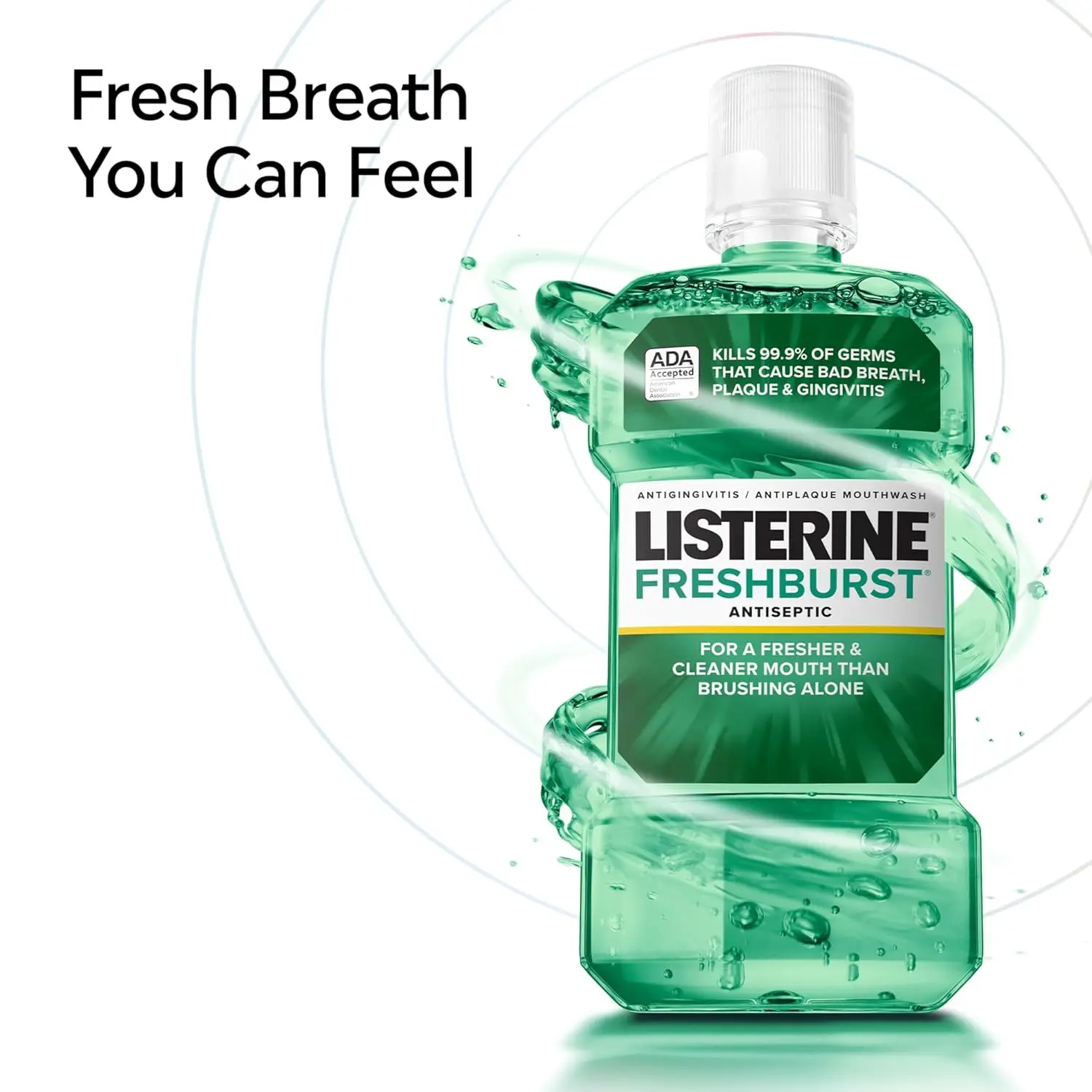 Two bottles of Listerine Freshburst antiseptic mouthwash, in spearmint flavor, that kills germs to fight bad breath, plaque, and gingivitis.