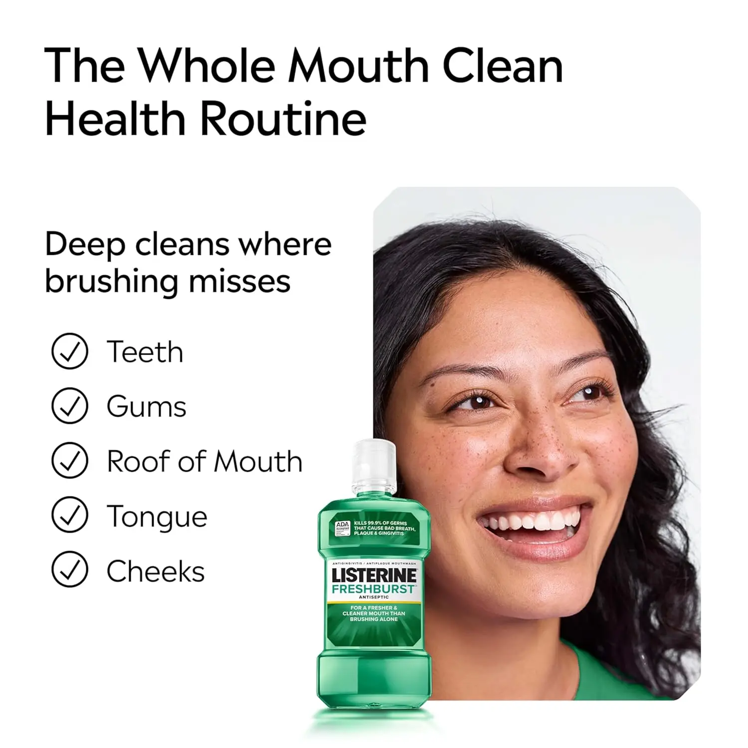 Two bottles of Listerine Freshburst antiseptic mouthwash, in spearmint flavor, that kills germs to fight bad breath, plaque, and gingivitis.
