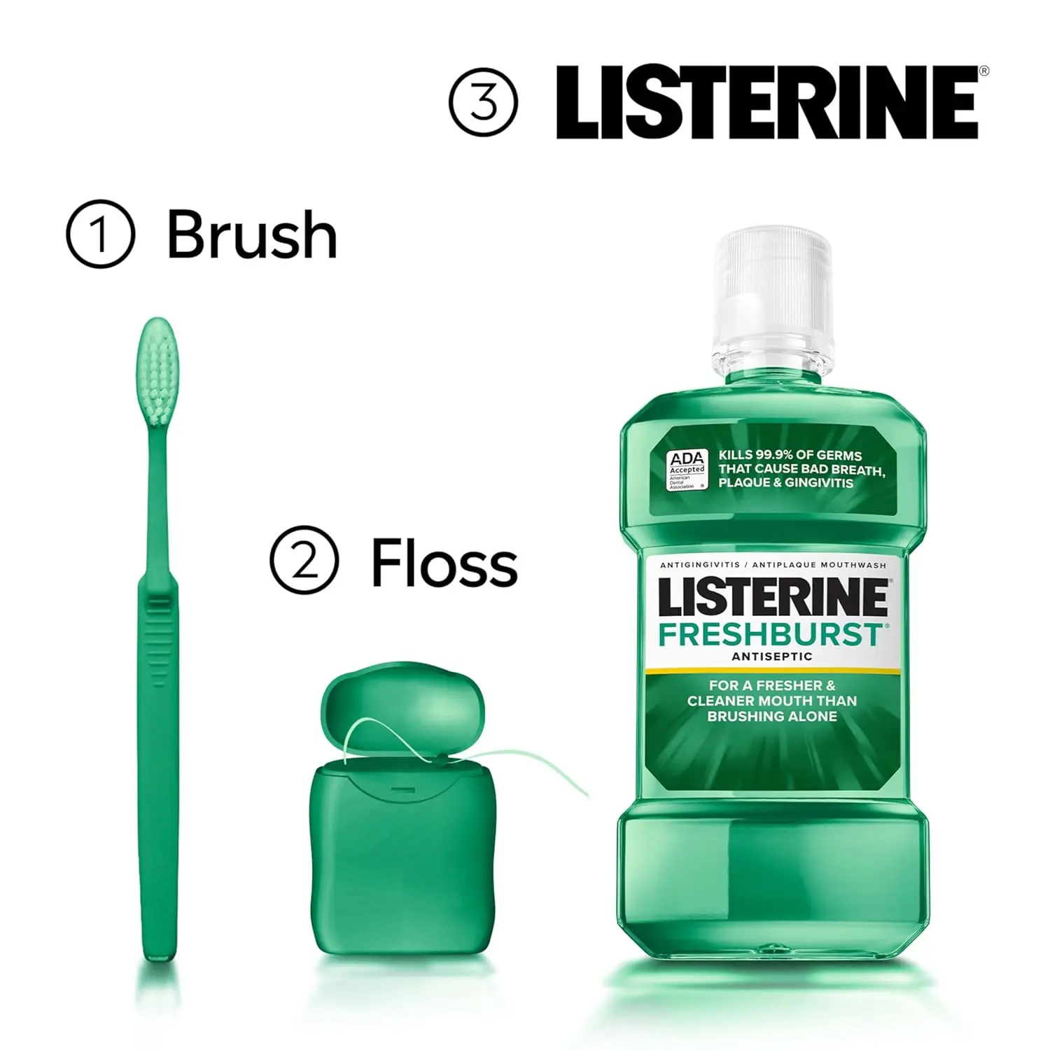 Two bottles of Listerine Freshburst antiseptic mouthwash, in spearmint flavor, that kills germs to fight bad breath, plaque, and gingivitis.
