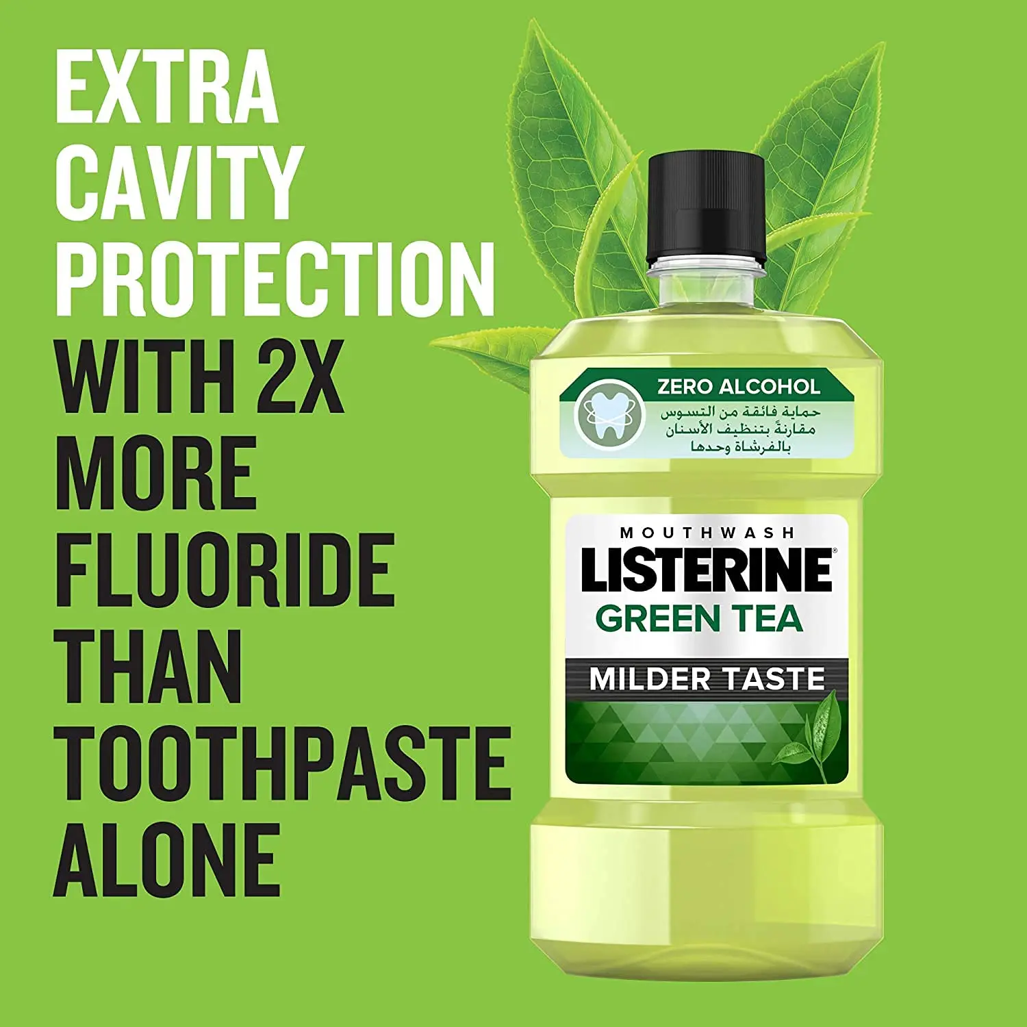 Bottle of Listerine Green Tea Mouthwash, a refreshing oral rinse for a cleaner mouth.
