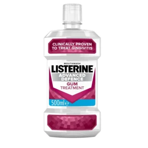 A bottle of Listerine Advanced Defence Gum Treatment Mouthwash, clinically proven to treat gum disease and prevent gingivitis for healthier gums.