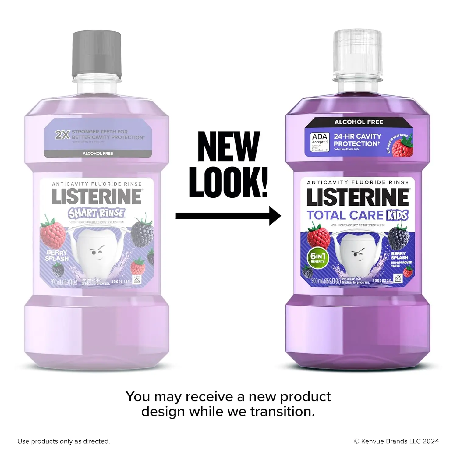 Listerine Smart Rinse Kids Berry Splash mouthwash protects children's teeth from cavities and strengthens enamel with fluoride.