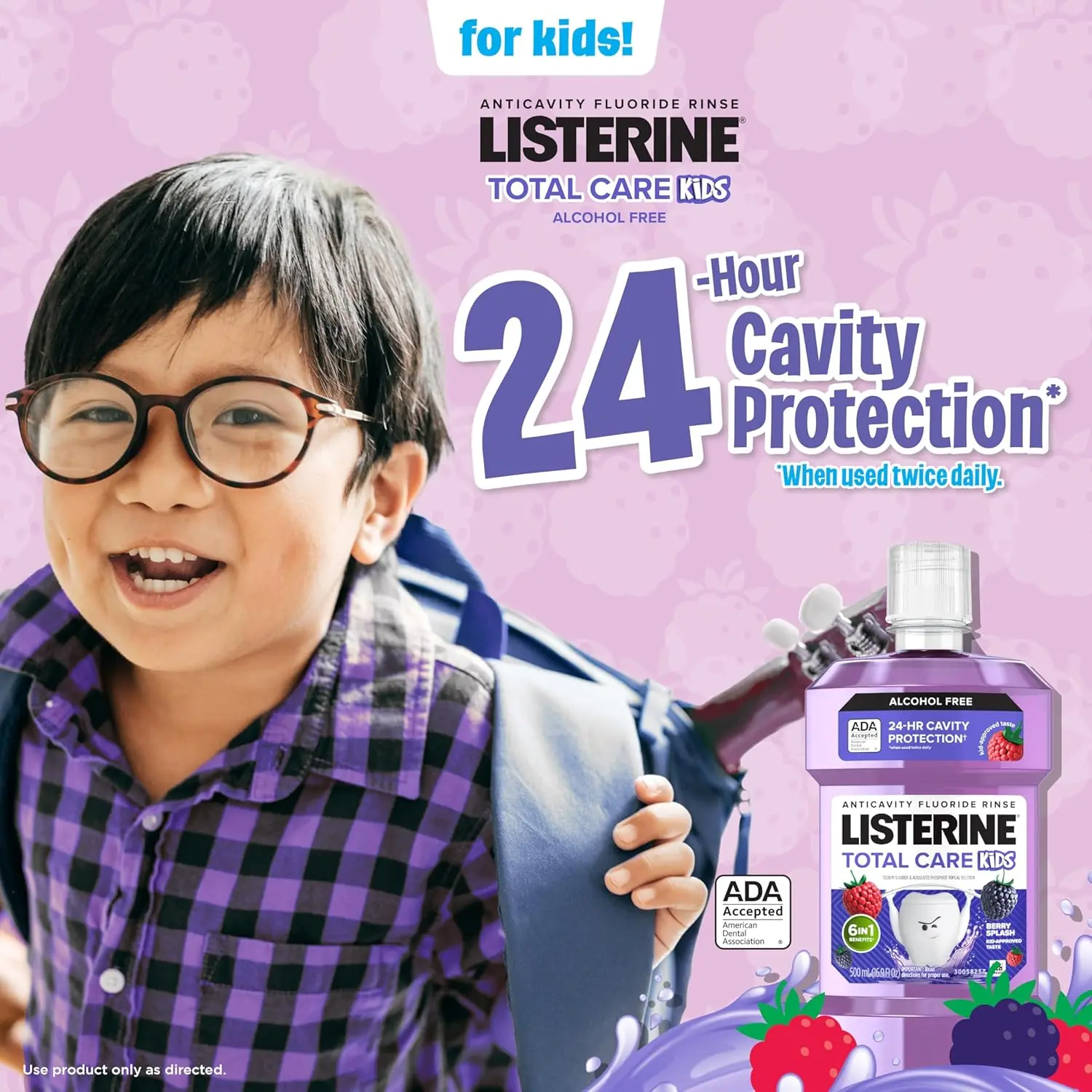 Listerine Smart Rinse Kids Berry Splash mouthwash protects children's teeth from cavities and strengthens enamel with fluoride.