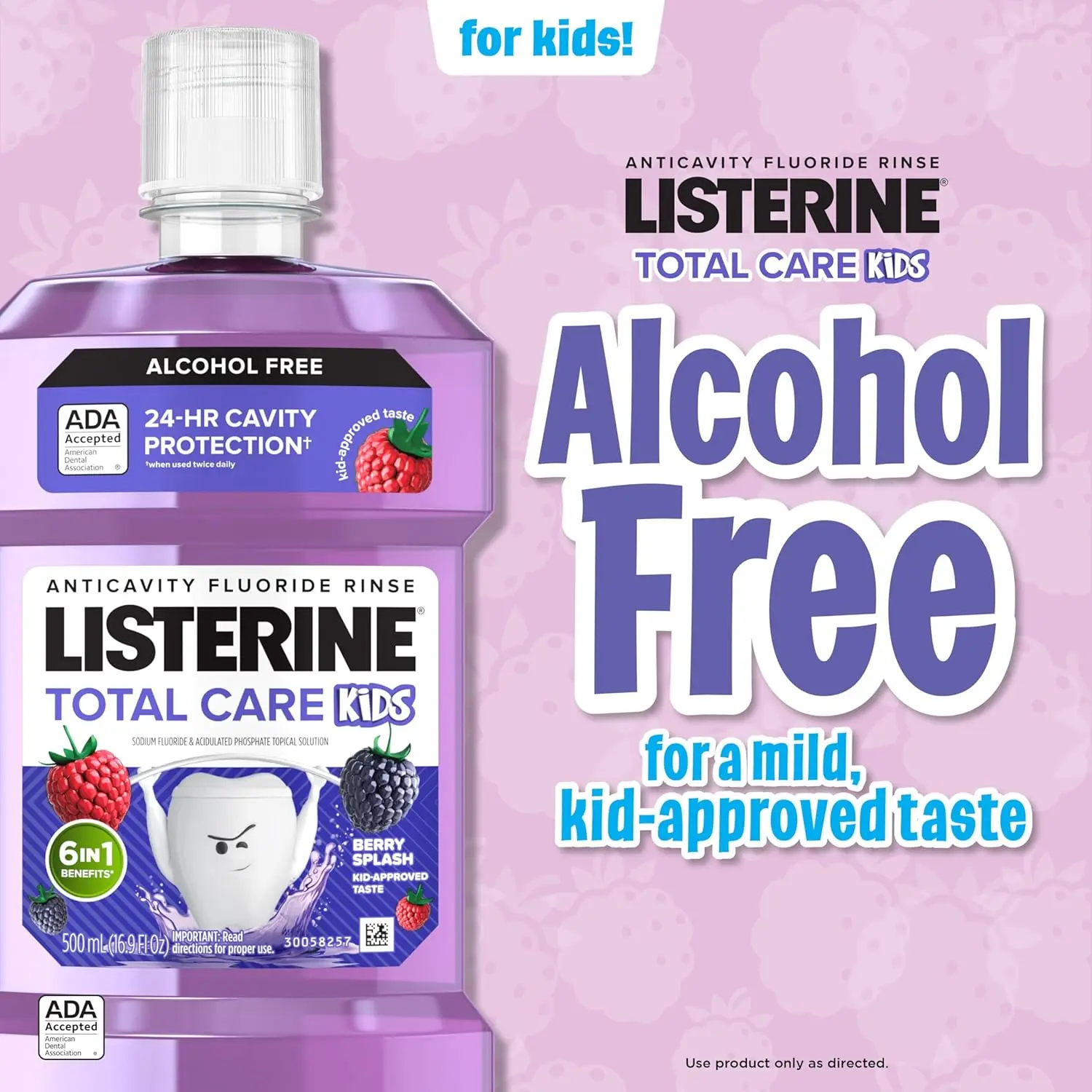 Listerine Smart Rinse Kids Berry Splash mouthwash protects children's teeth from cavities and strengthens enamel with fluoride.