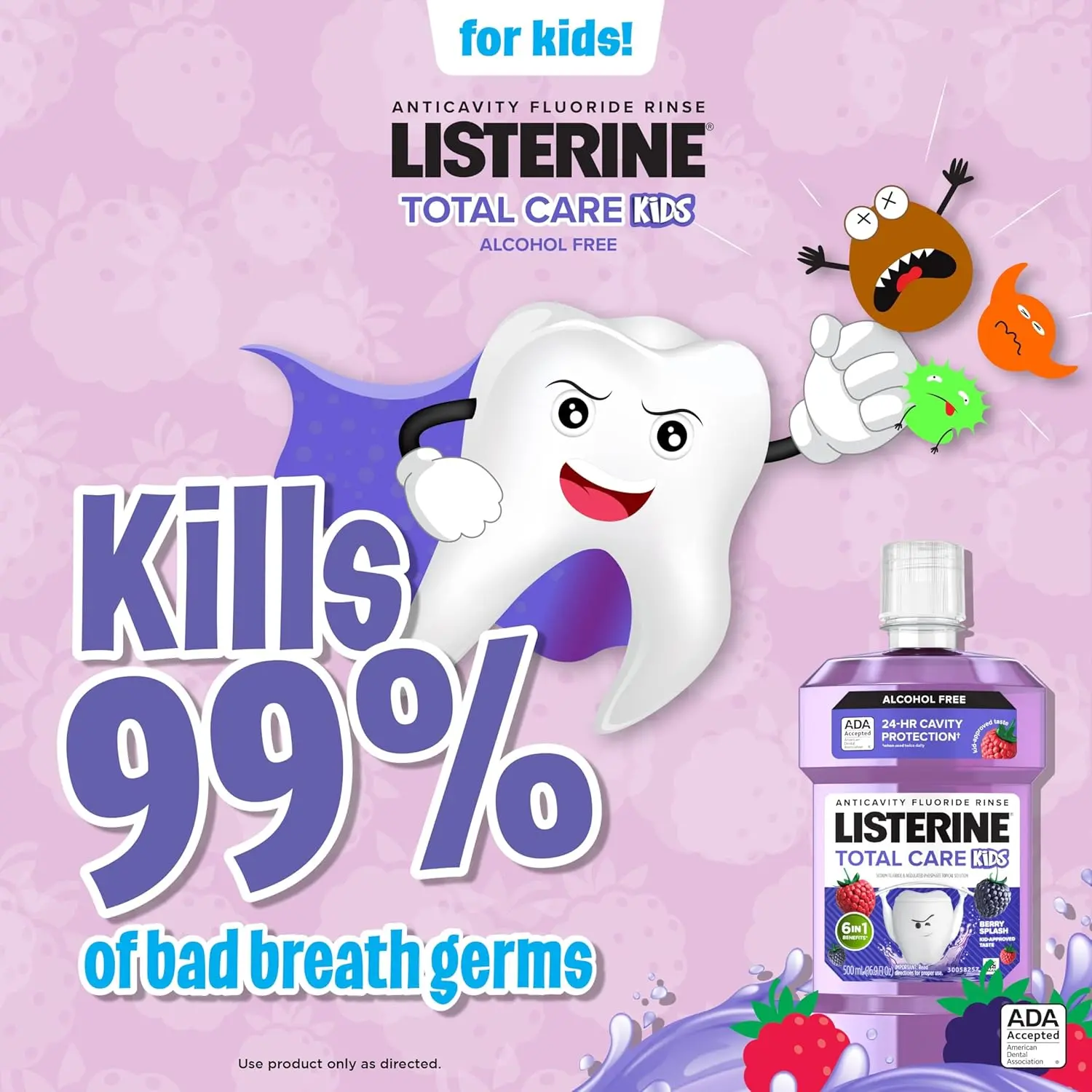 Listerine Smart Rinse Kids Berry Splash mouthwash protects children's teeth from cavities and strengthens enamel with fluoride.