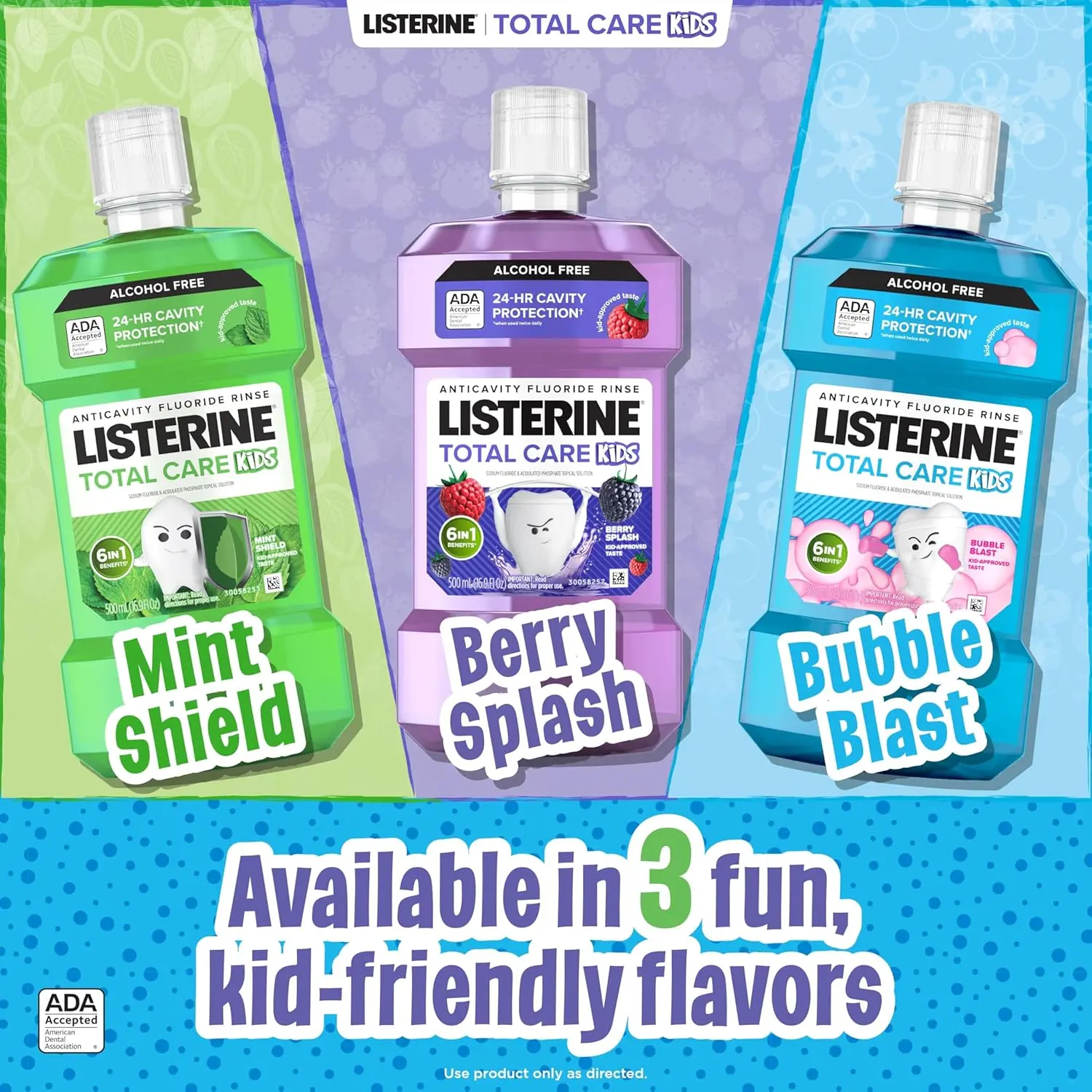 Listerine Smart Rinse Kids Berry Splash mouthwash protects children's teeth from cavities and strengthens enamel with fluoride.