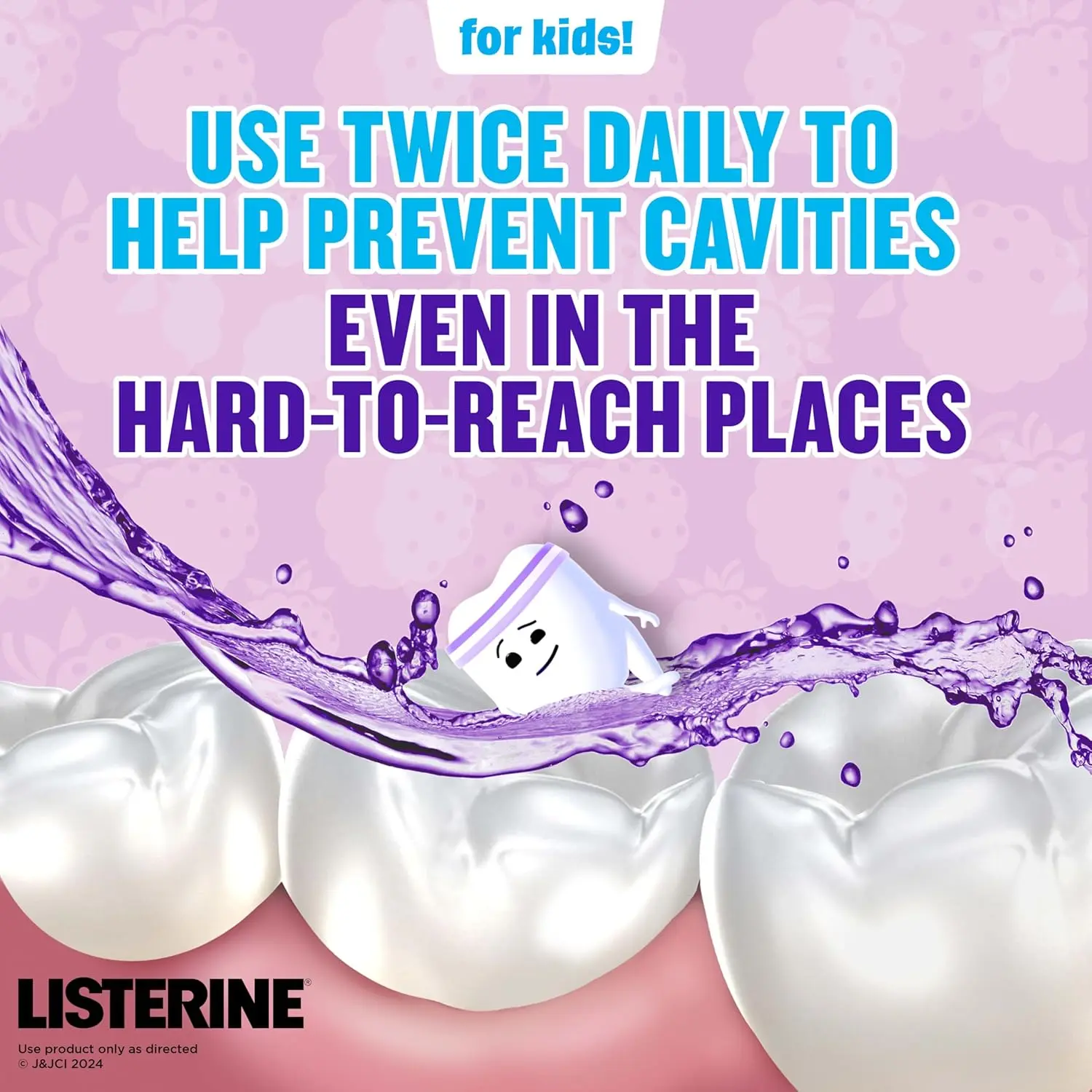 Listerine Smart Rinse Kids Berry Splash mouthwash protects children's teeth from cavities and strengthens enamel with fluoride.