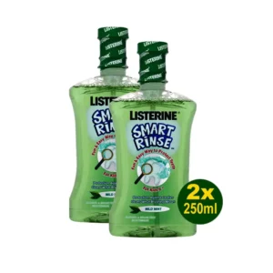 Two bottles of Listerine Smart Rinse for Children 6 and older in a soft mint flavor.