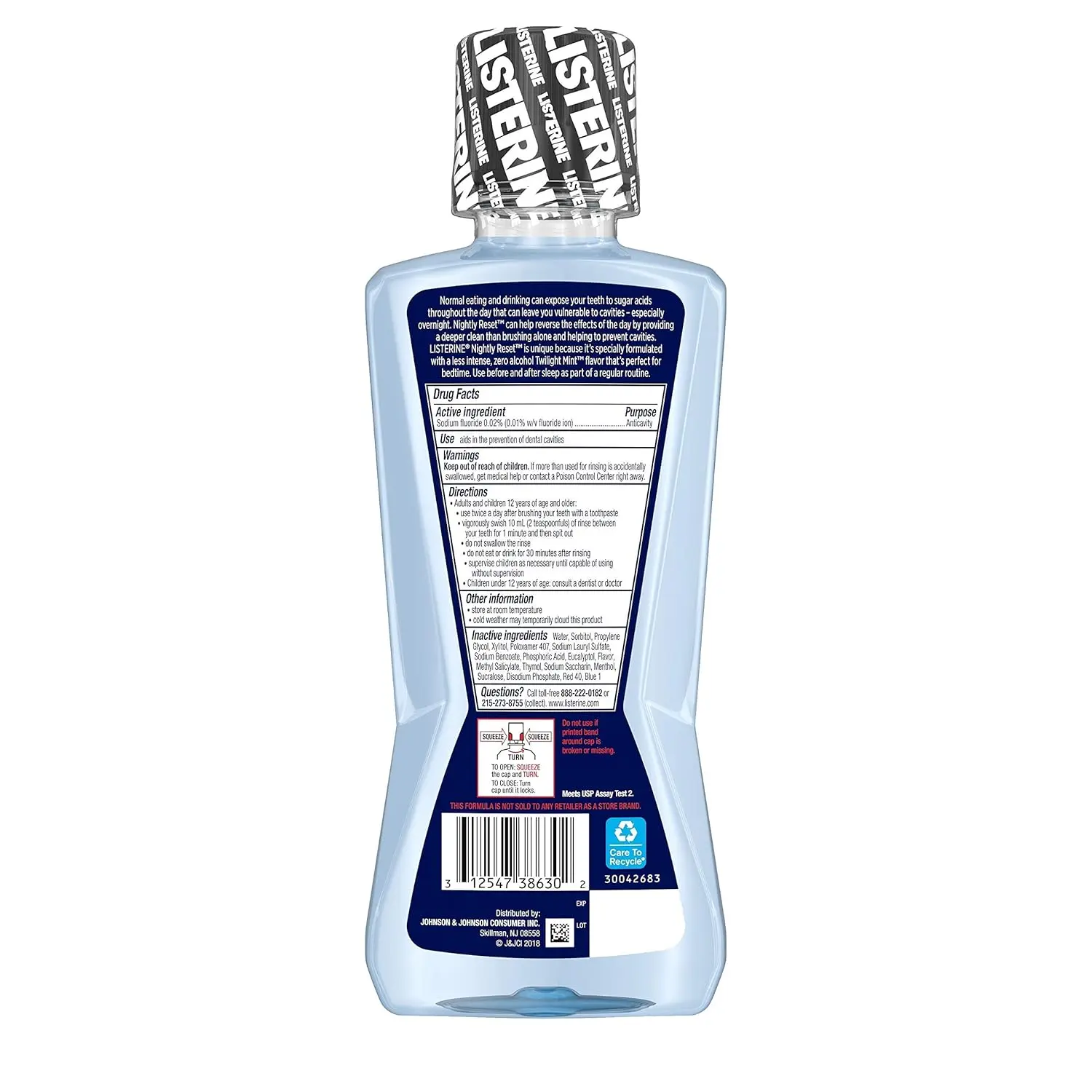 Bottle of Listerine Nightly Reset alcohol-free mouthwash in Twilight Mint flavor, designed to fight cavities, restore enamel, and freshen breath overnight.