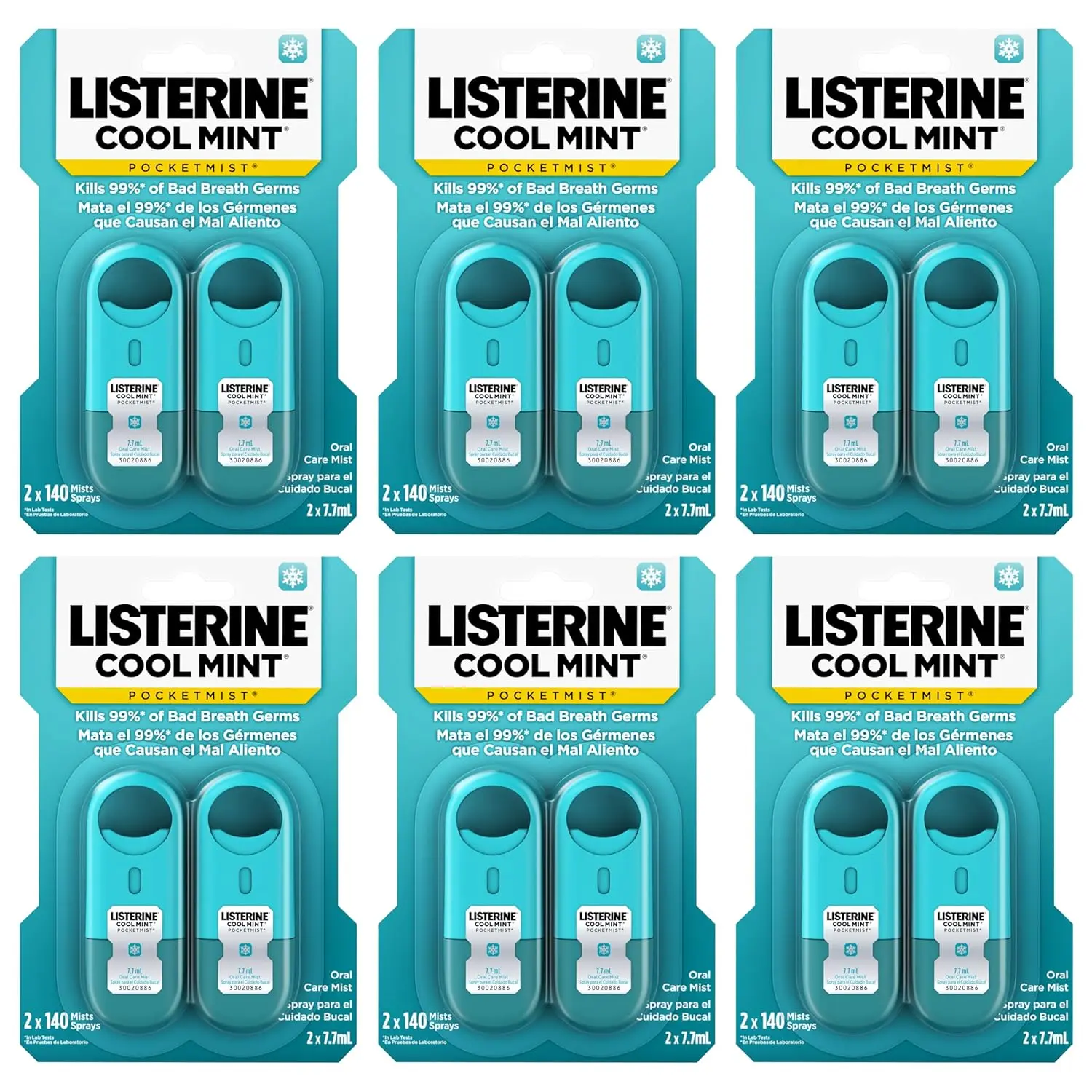 Two pack of Listerine Pocketmist Cool Mint mouthwash, an oral care mist to eliminate bad breath.