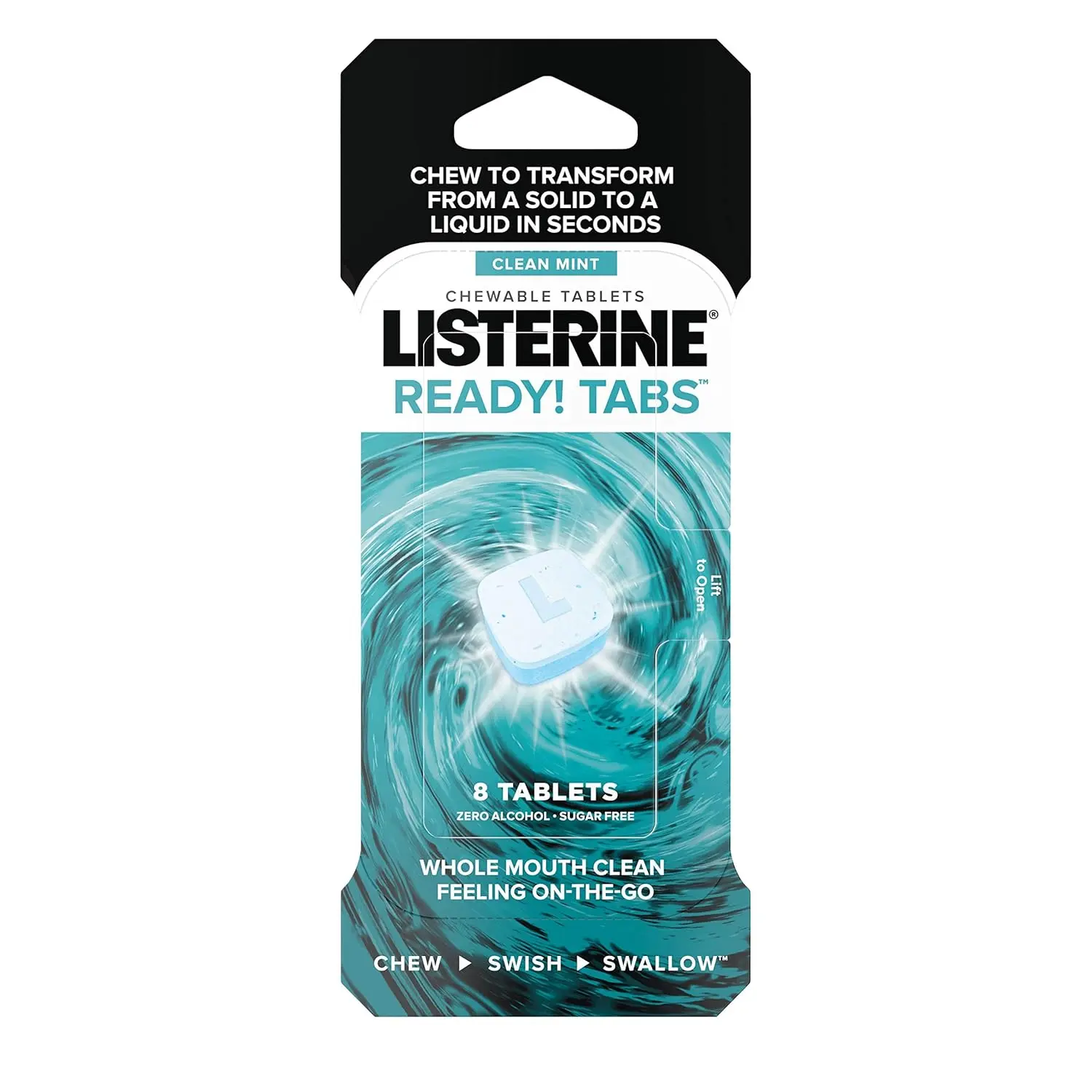A pack of Listerine Ready Tabs in Clean Mint flavor contains 8 chewable tablets for a refreshing, on-the-go clean feeling and provides fresh breath for up to 4 hours.