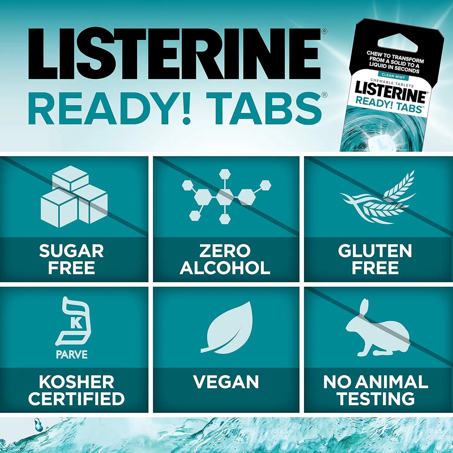A pack of Listerine Ready Tabs in Clean Mint flavor contains 8 chewable tablets for a refreshing, on-the-go clean feeling and provides fresh breath for up to 4 hours.