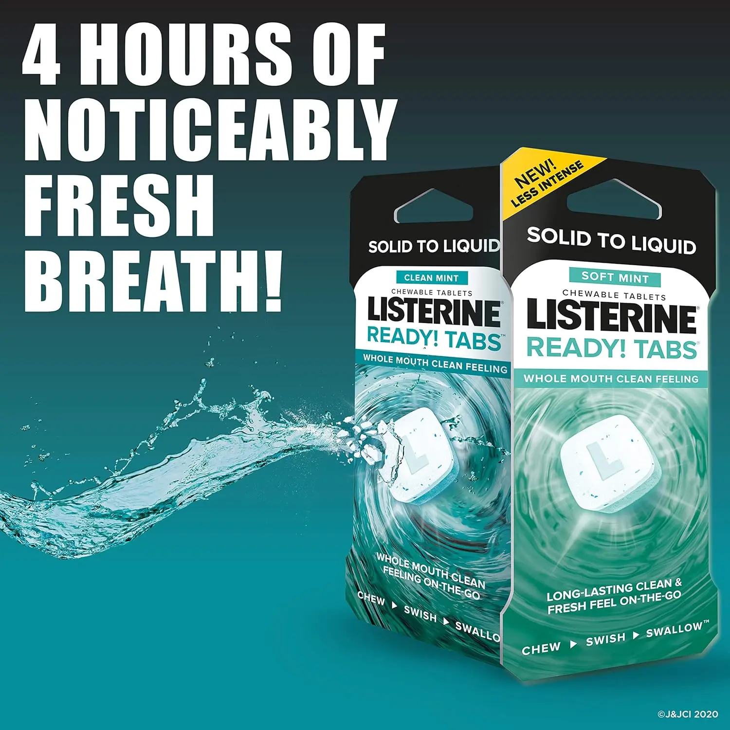 A pack of Listerine Ready Tabs in Clean Mint flavor contains 8 chewable tablets for a refreshing, on-the-go clean feeling and provides fresh breath for up to 4 hours.