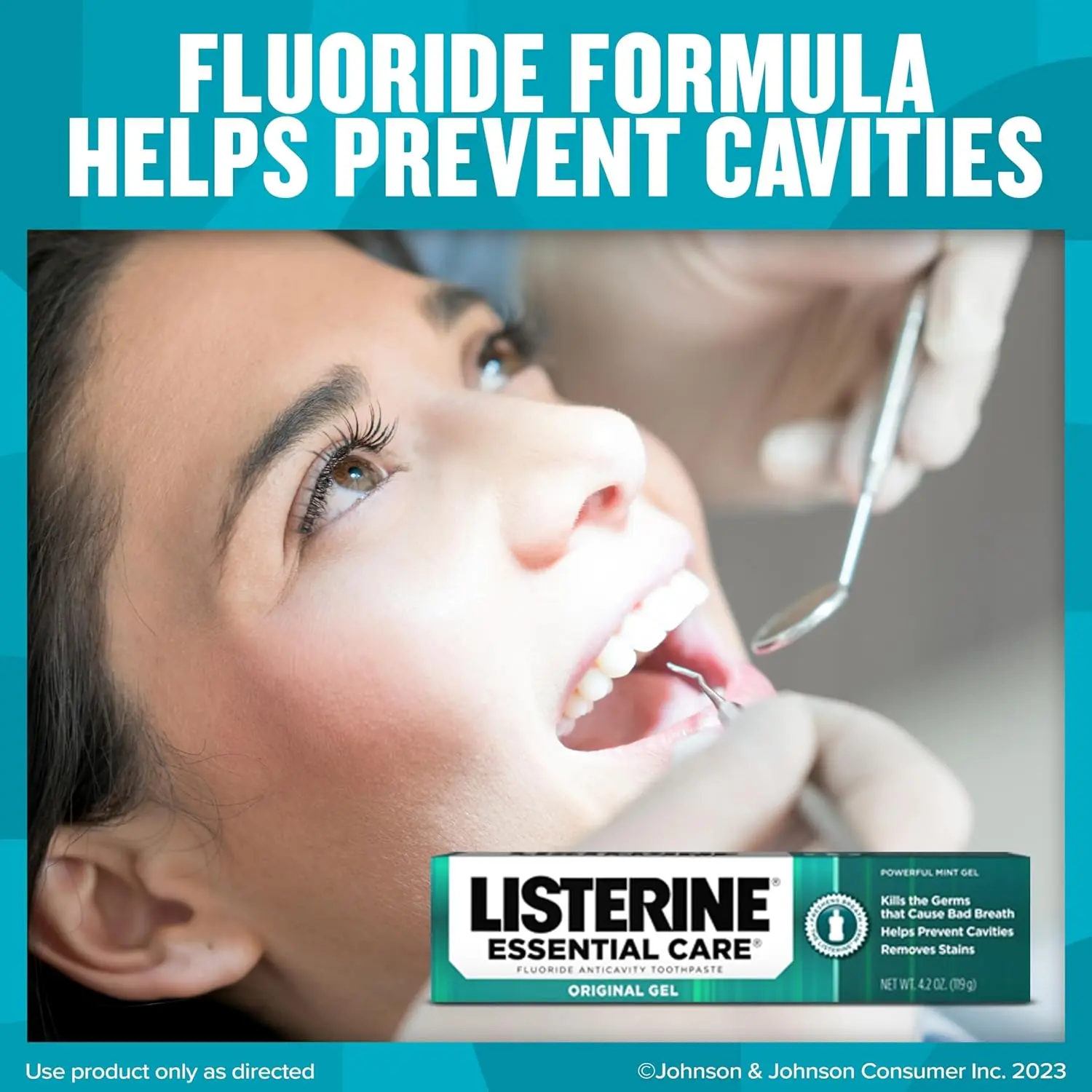 Six-pack of Listerine Essential Care fluoride toothpaste in original gel, providing cavity prevention, enamel strengthening, and fresh breath with a powerful mint flavor.
