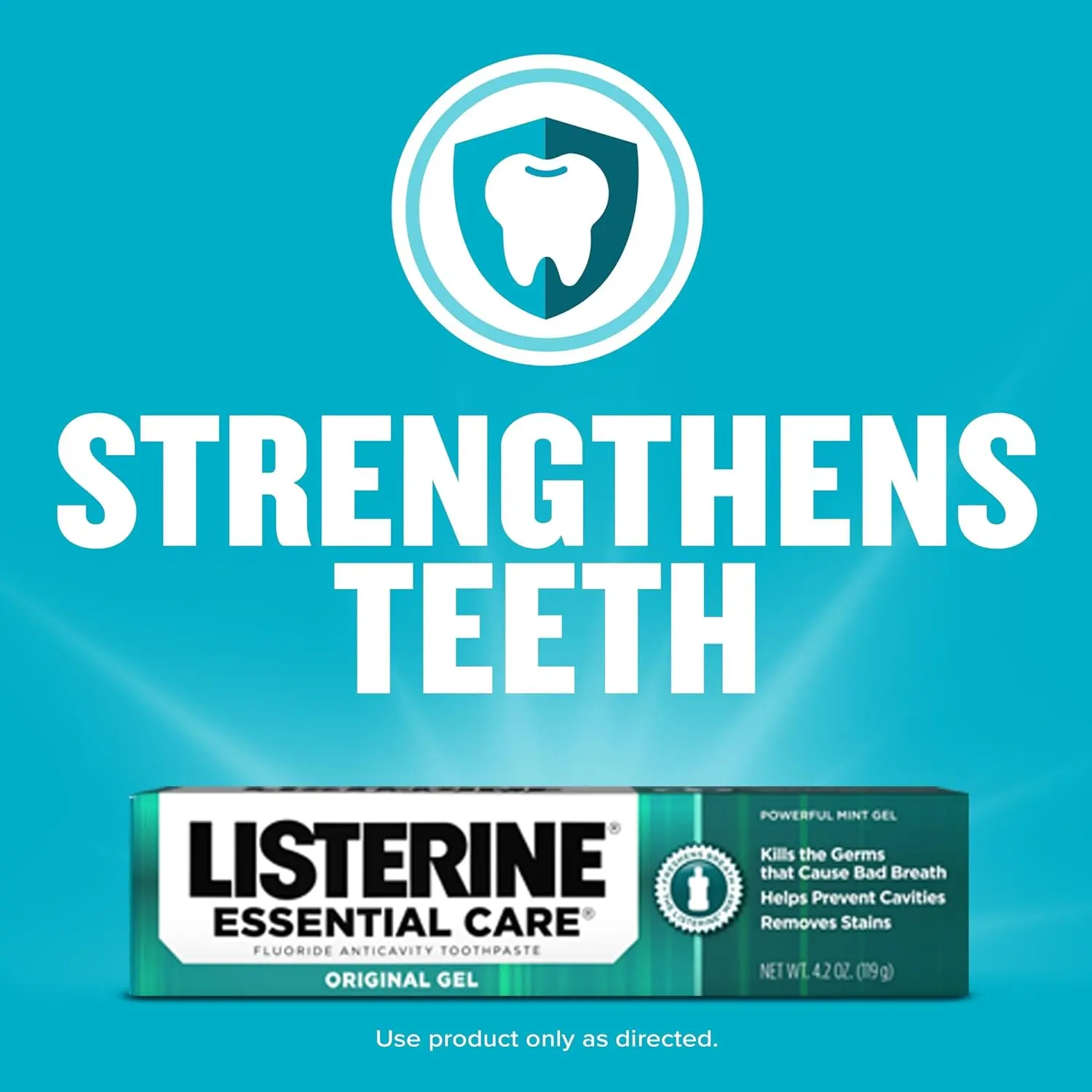 Six-pack of Listerine Essential Care fluoride toothpaste in original gel, providing cavity prevention, enamel strengthening, and fresh breath with a powerful mint flavor.