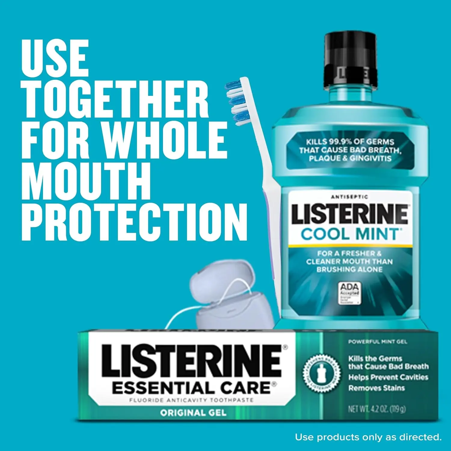 Six-pack of Listerine Essential Care fluoride toothpaste in original gel, providing cavity prevention, enamel strengthening, and fresh breath with a powerful mint flavor.