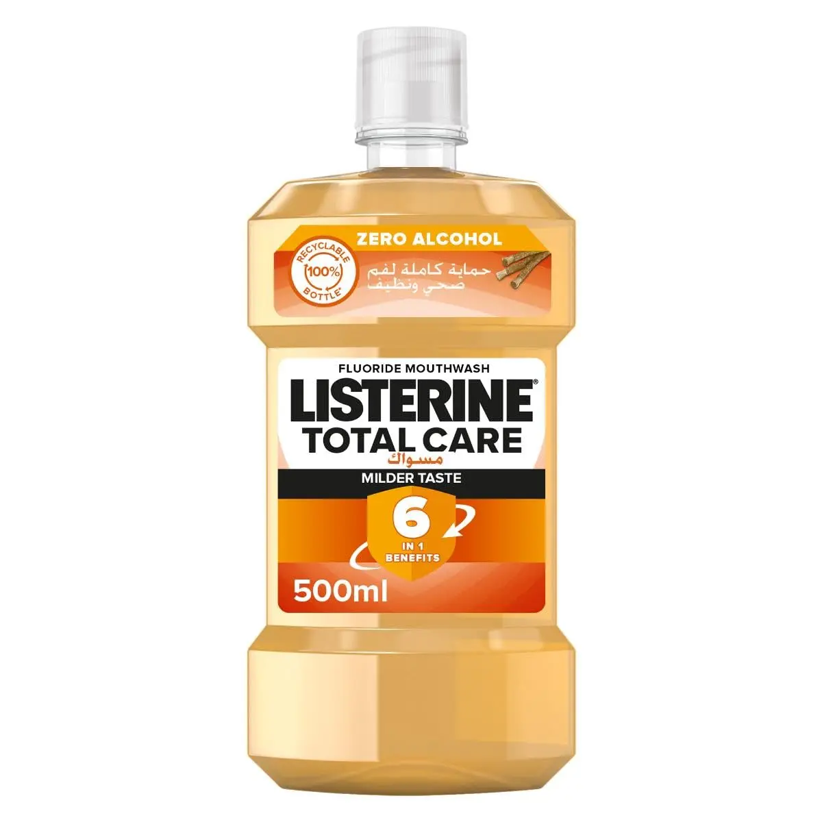 Listerine Total Care mouthwash provides 12-hour germ protection, reduces plaque, protects gums, freshens breath, and strengthens teeth with a refreshing flavor and recyclable bottle.