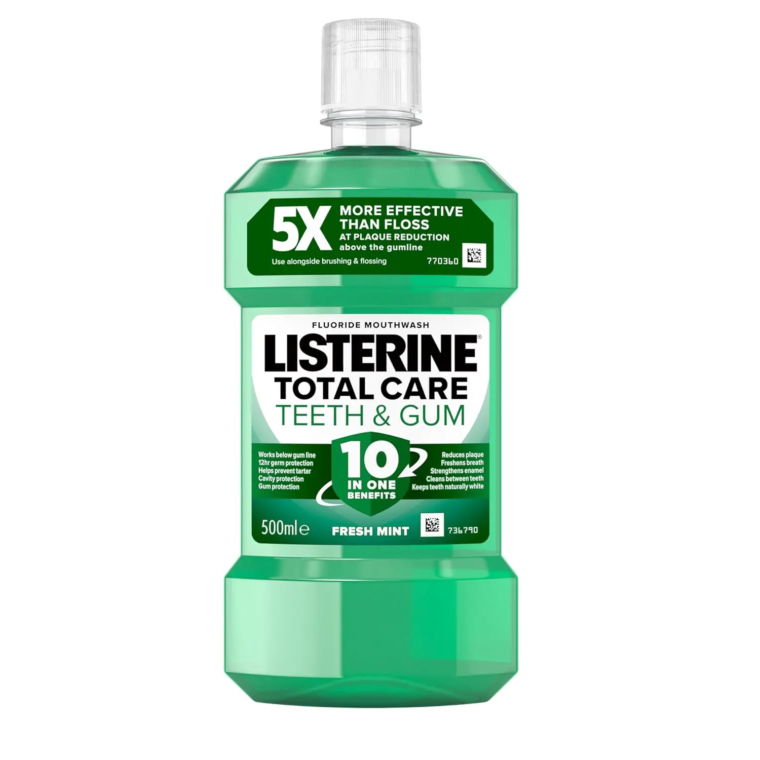 Listerine Total Care mouthwash in a 500ml bottle offers 10-in-1 benefits for total oral care, helping to reduce plaque, freshen breath, prevent tartar build-up, and strengthen teeth.