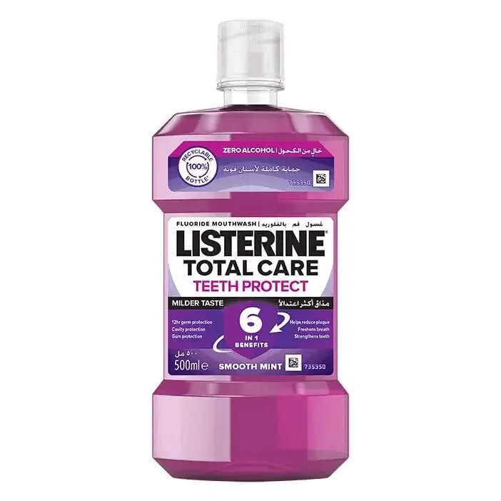 Listerine Total Care mouthwash provides 12-hour germ protection, freshens breath, strengthens teeth, protects gums, and reduces plaque.
