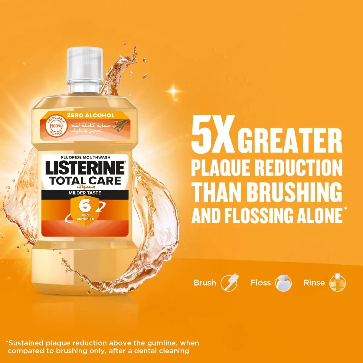 Listerine Total Care mouthwash provides 12-hour germ protection, reduces plaque, protects gums, freshens breath, and strengthens teeth with a refreshing flavor and recyclable bottle.
