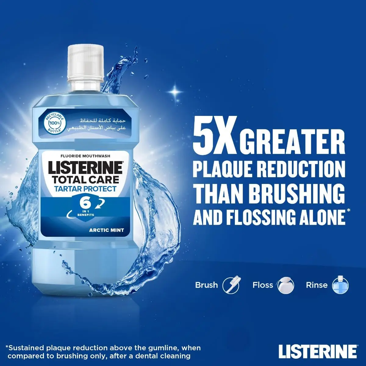 Listerine Total Care Tartar Protect Arctic Mint mouthwash provides 12-hour germ protection, prevents tartar buildup, and strengthens teeth for a naturally white smile.