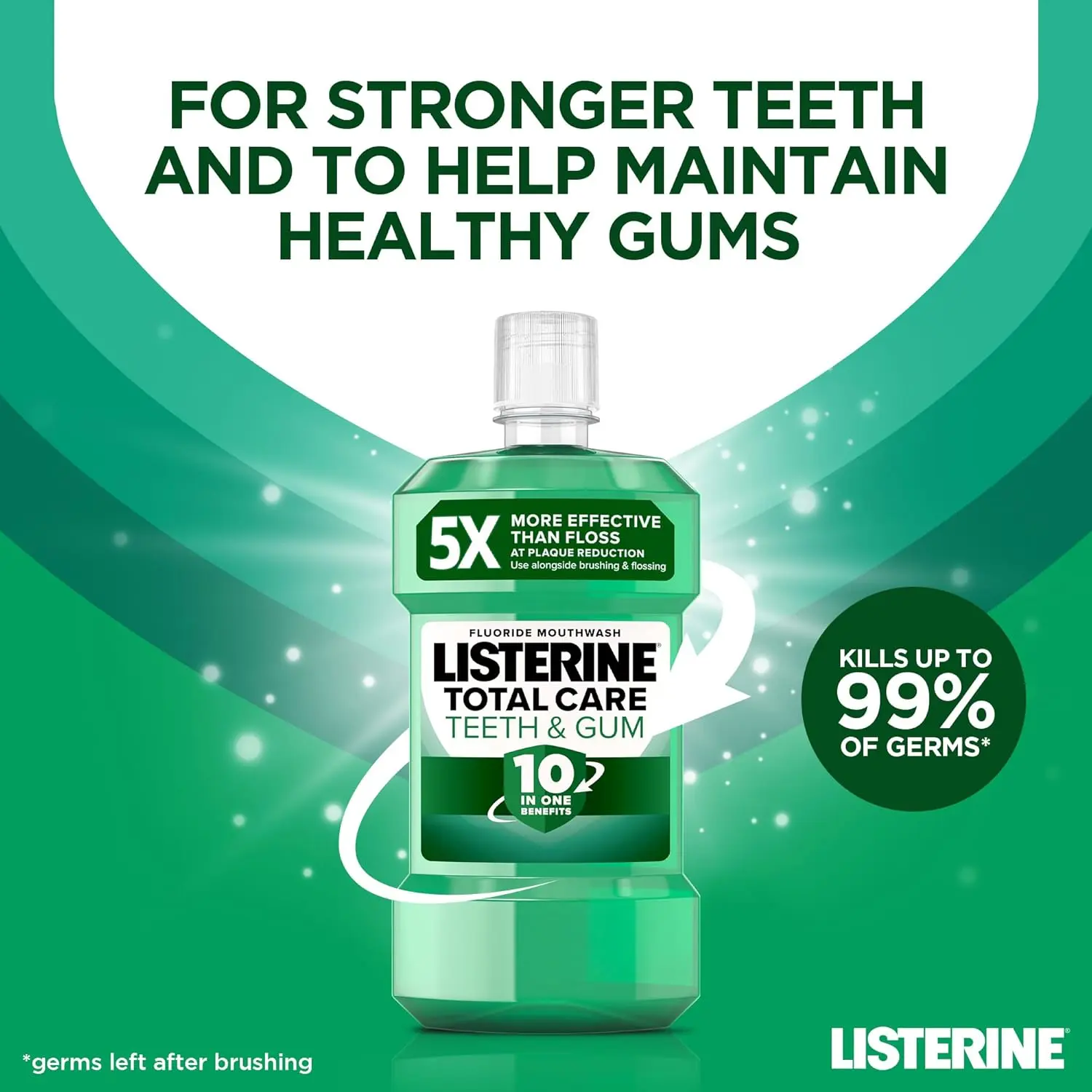Listerine Total Care mouthwash in a 500ml bottle offers 10-in-1 benefits for total oral care, helping to reduce plaque, freshen breath, prevent tartar build-up, and strengthen teeth.