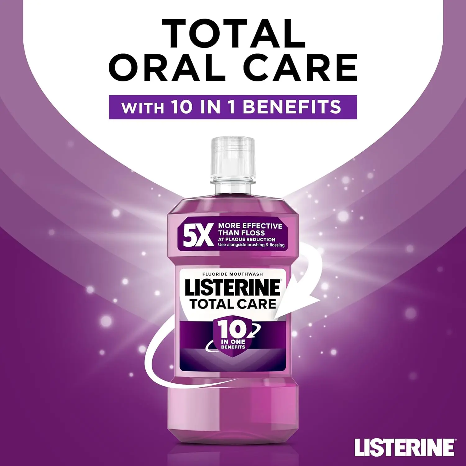 Listerine Total Care mouthwash provides 12-hour germ protection, freshens breath, strengthens teeth, protects gums, and reduces plaque.