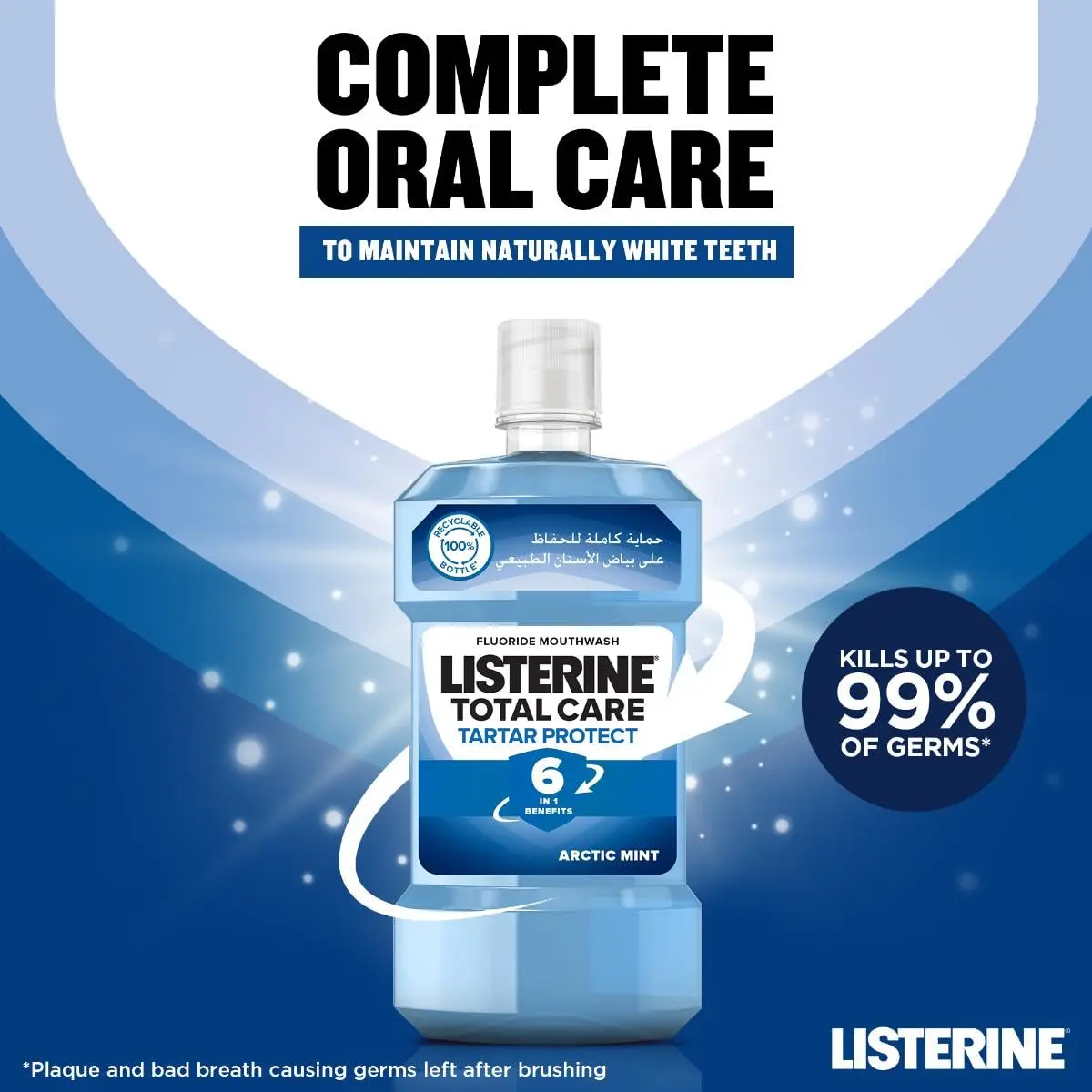 Listerine Total Care Tartar Protect Arctic Mint mouthwash provides 12-hour germ protection, prevents tartar buildup, and strengthens teeth for a naturally white smile.