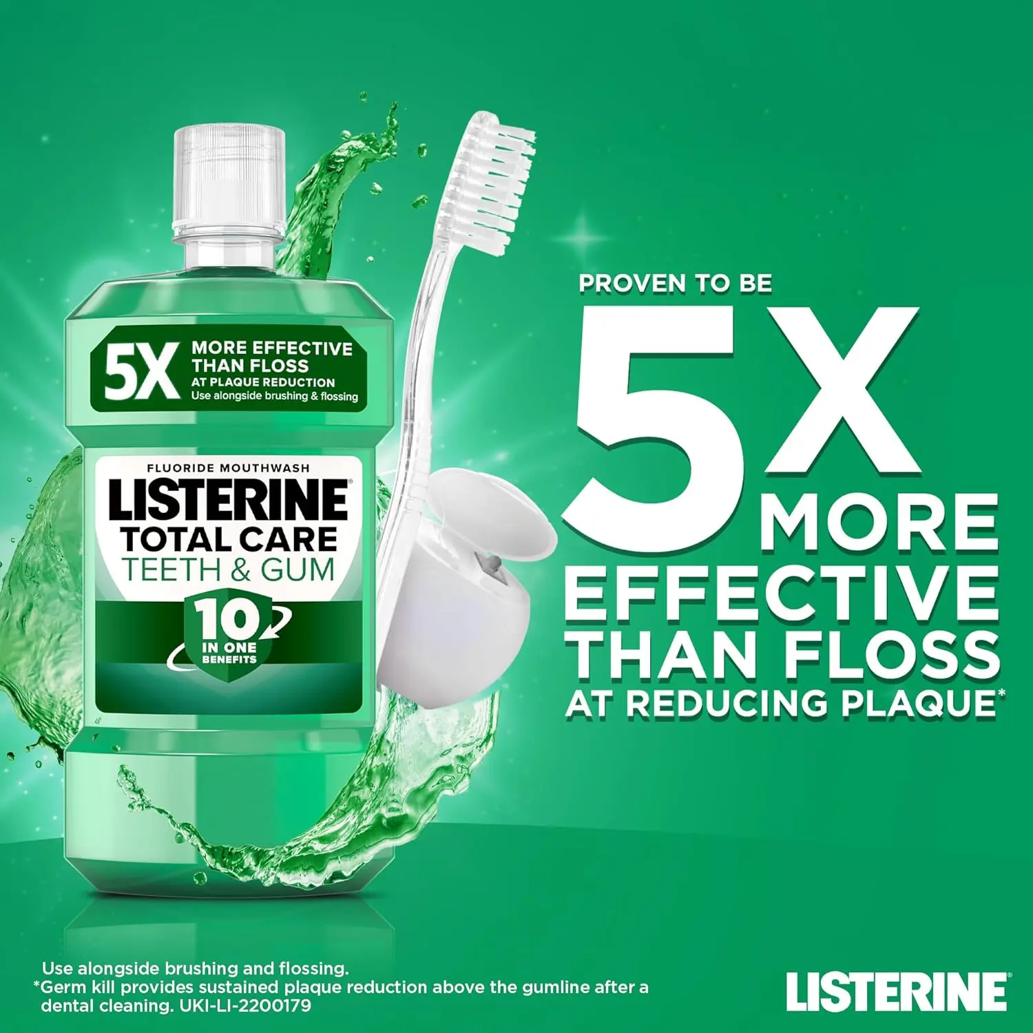 Listerine Total Care mouthwash in a 500ml bottle offers 10-in-1 benefits for total oral care, helping to reduce plaque, freshen breath, prevent tartar build-up, and strengthen teeth.